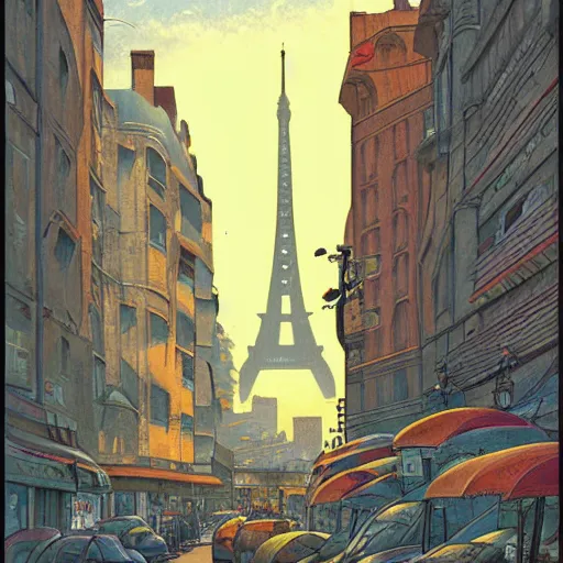 Image similar to a tall man standing next to a huge car, paris street view, city in the background, people walking in the distance, reflections on wet streets, dieselpunk style, steampunk, art by jean giraud and juan gimenez ; architecture by francois schuiten, beautiful illustration, drawing, painting, clean lines, digital art, symmetric, colorful retrofutur, artstation