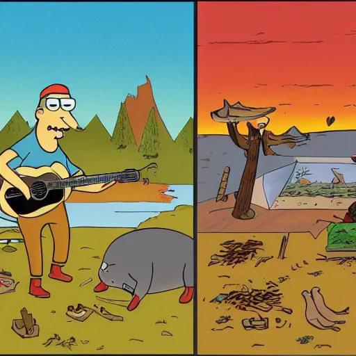 Prompt: capybaras camping on the seaside and one is playing guitar around the fire by matt groening by yuga labs and by pendleton ward