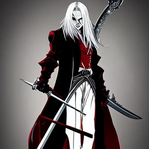 Image similar to alucard posing for a picture with a long sword