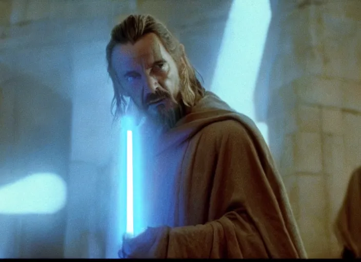 Image similar to screenshot of the force ghost glowing blue spirit of qui gon jinn speaking to Luke skywalker, in a hazy lit ancient Jedi cathedral, screenshot from the 1970s star wars thriller directed by stanley kubrick, Photographed with Leica Summilux-M 24 mm lens, ISO 100, f/8, Portra 400, kodak film, anamorphic lenses