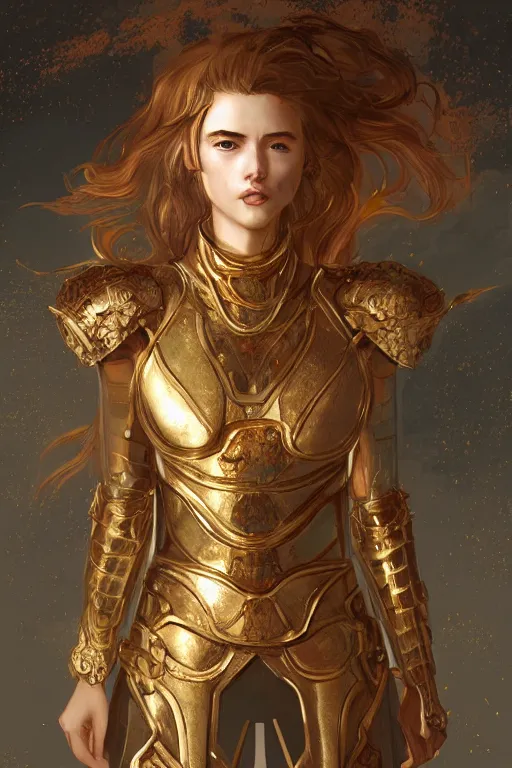 Image similar to portrait knights of Zodiac girl, golden and copper reflected armor, in ruined Agora of Athens, ssci-fi, fantasy, intricate, very very beautiful, elegant, highly detailed, digital painting, artstation, concept art, smooth, sharp focus, illustration, art by WLOP and tian zi and alphonse mucha