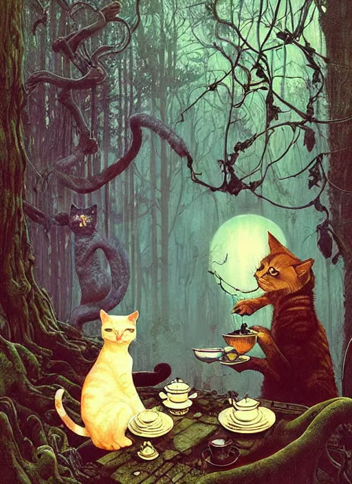 Image similar to cat having tea with a sorceress at a shrine in the woods gorgeous lighting, lush forest foliage blue sky a hyper realistic painting by chiara bautista and beksinski and norman rockwell and greg rutkowski weta studio, and lucasfilm