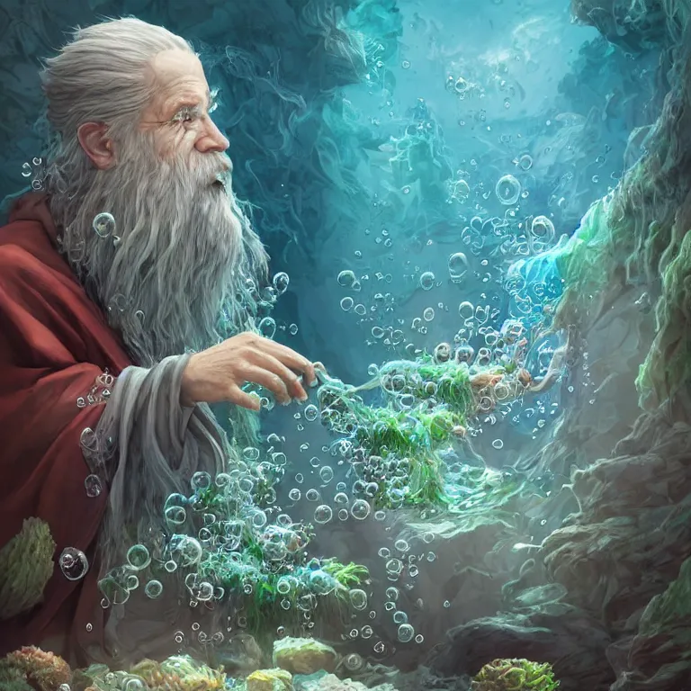 Image similar to an old wizard with seaweed for hairs and beard, wearing fluent multicolored robes in an underwater alchemical laboratory. digital illustration. fantasy. detailed. waterbubbles. by artgerm, wlop, james jean, andrei riabovitchev, marc simonetti, yoshitaka amano