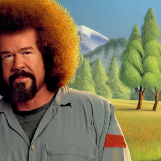 Image similar to a closeup photorealistic photograph of bob ross as kenny powers. mountains and trees. film still. brightly lit scene. this 4 k hd image is trending on artstation, featured on behance, well - rendered, extra crisp, features intricate detail, epic composition and the style of unreal engine.