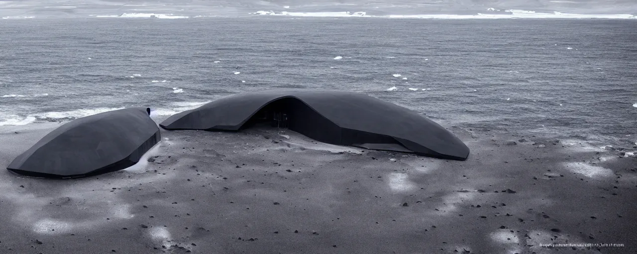 Image similar to cinematic shot of giant symmetrical futuristic military spacecraft in the middle of an endless black sand beach in iceland with icebergs in the distance,, 2 8 mm