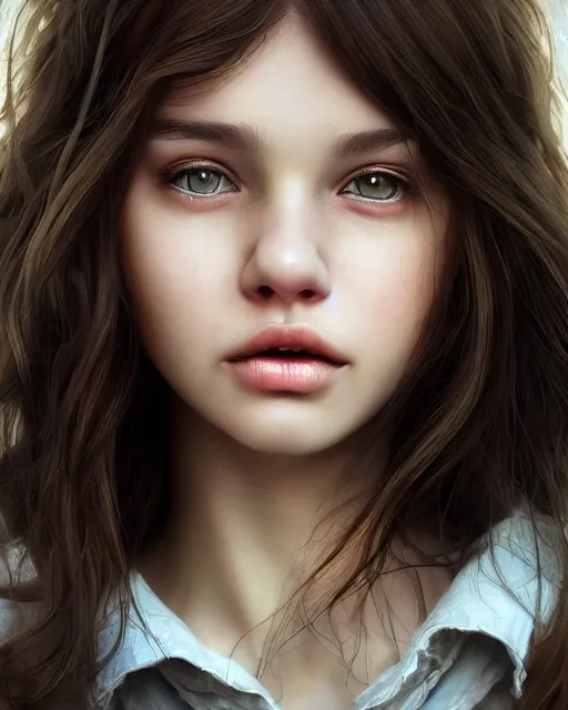 Image similar to portrait of 1 5 - year old girl with lush frizzy untamable brown hair, large front teeth, and bright piercing brown eyes, hyper realistic face, beautiful eyes, character art, art by artgerm lau and wlop and and ilya kuvshinov and john singer sargent, hyperdetailed, cryengine, trending on artstation, wizard, digital art