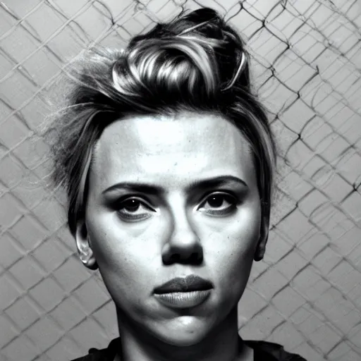 Image similar to scarlett johansson mugshot in jail, canon 3 5 mm photography