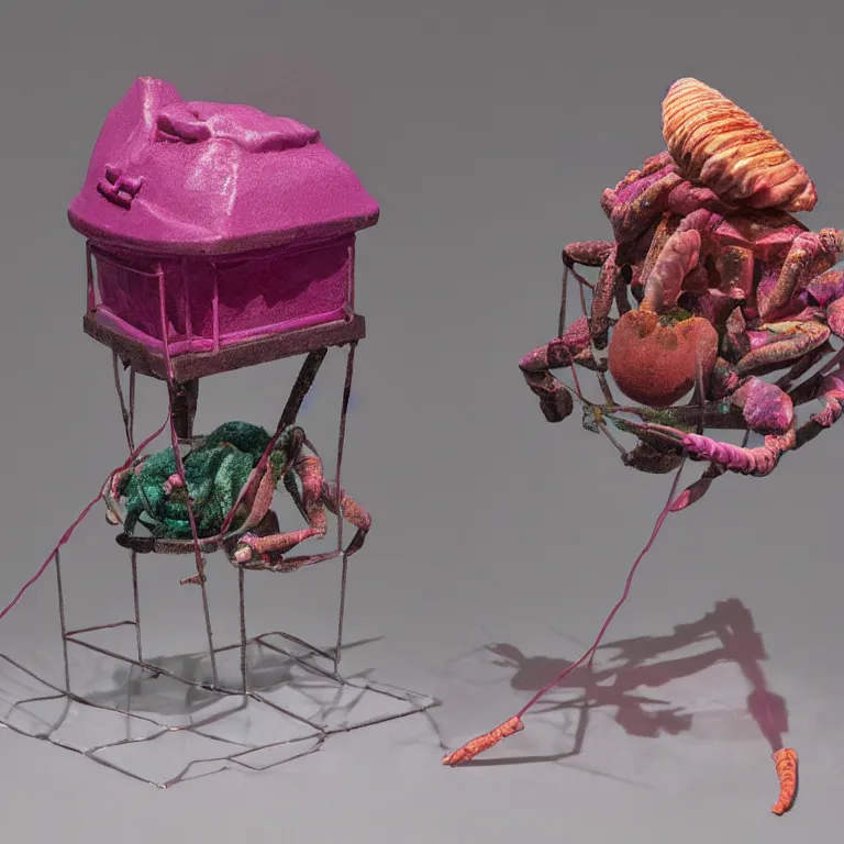 Image similar to hyperrealistic sculpture of a knobbed whelk hermit crab dusted with magenta and hunter green spraypaint in a grid cage on a pedestal by ron mueck and duane hanson and lee bontecou, hyperrealistic dramatic colored lighting trending on artstation 8 k