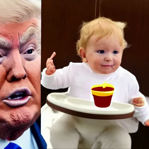 Image similar to donald trump is a baby in a highchair with chocolate pudding on his face