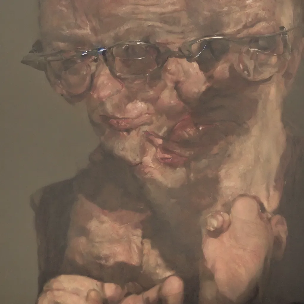 Prompt: oil painting by christian rex van minnen portrait of todd solondz age 7 3, extremely bizarre disturbing, intense chiaroscuro lighting perfect composition masterpiece intense emotion