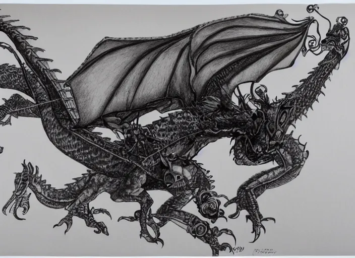 Prompt: pen and ink drawing, real dragon with steam punk apparatus strapped to it, white background, Olivia Kemp, julia Hill