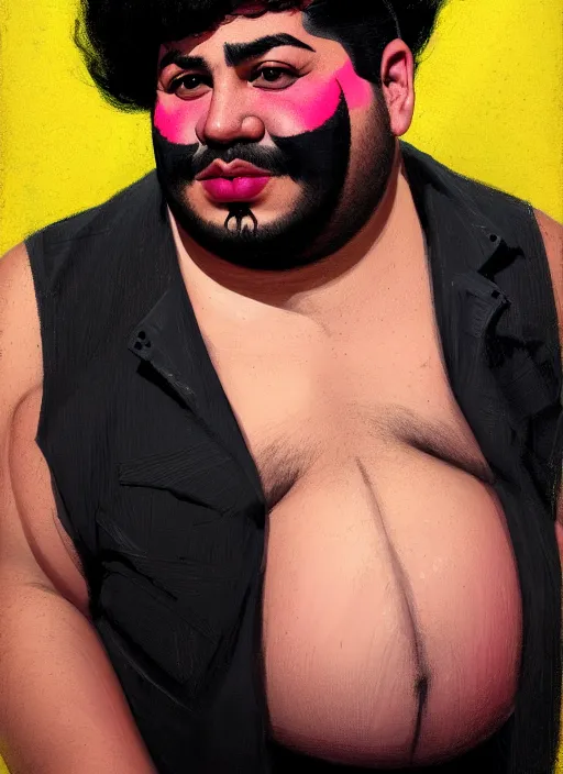 Image similar to portrait of a plump latino man with a crooked nose and a confident expression, 1 9 6 0 s, black clothes, goth, punk, brightly coloured hair, funk, intricate, elegant, highly detailed, digital painting, artstation, concept art, smooth, sharp focus, illustration, art by wlop, mars ravelo and greg rutkowski