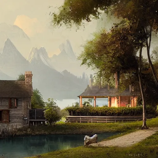 Image similar to a house by the lake painted by greg rutkowski