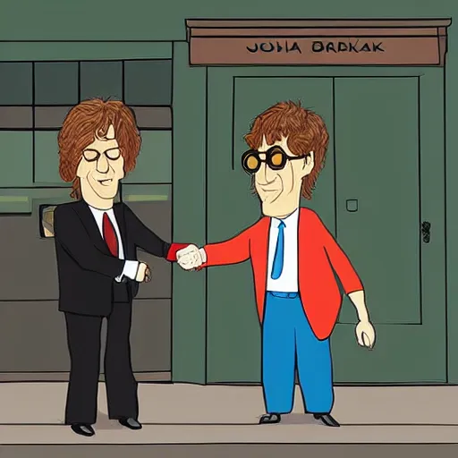 Image similar to john lennon shakes hand with obama outside quaint cafe in the city, cartoon style digital art