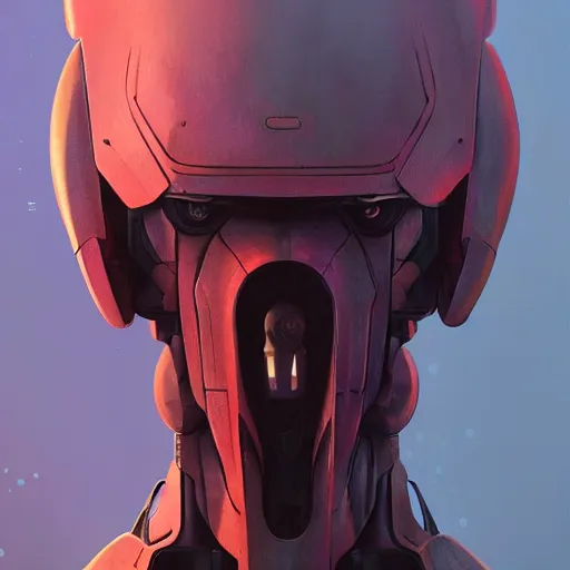 Image similar to character concept art portrait of a mech robot, depth of field background, artstation, award - winning realistic sci - fi concept art by jim burns and greg rutkowski, beksinski, a concept art masterpiece, red color palette, james gilleard, bruegel, alphonse mucha, and yoshitaka amano.