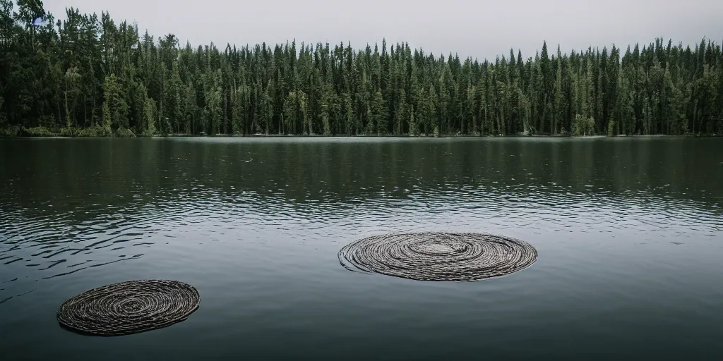 Image similar to centered photograph of a long rope zig zagging across the surface of the water, floating submerged rope stretching out towards the center of the lake, a dark lake on a cloudy day, color film, trees in the background, hyperedetailed photo, anamorphic lens