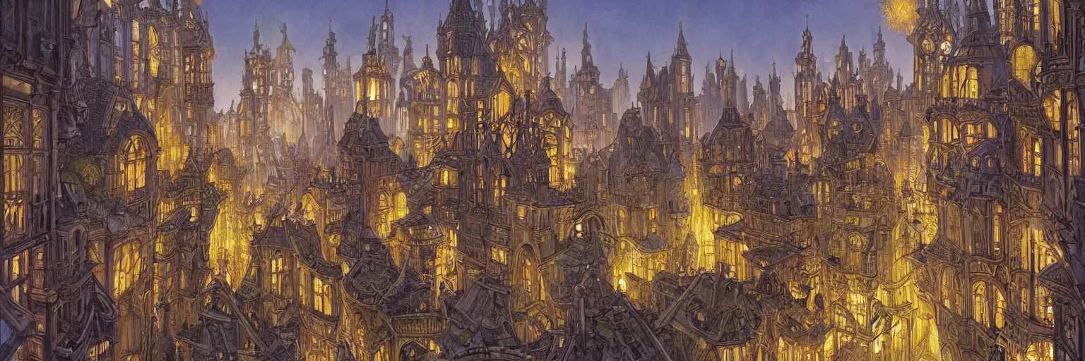 Prompt: an ancient medieval cityscape with art nouveau architecture at night by rodney matthews, michael whelan and michael kaluta