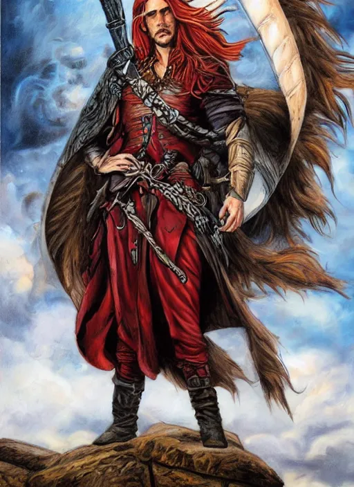 Image similar to an epic fantasy comic book style portrait painting of a long haired, red headed male sky - pirate in front of an airship in the style of the farseer series