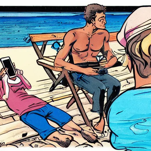 Image similar to smartphone addicted man on the seaside, comic art by Andrea Pazienza