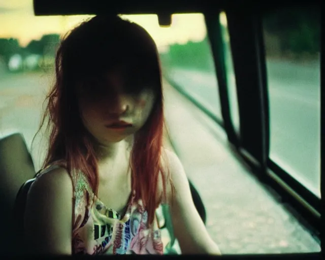 Image similar to lomo photo of shy goth girl sitting in empty bus, sunset, cinestill, bokeh