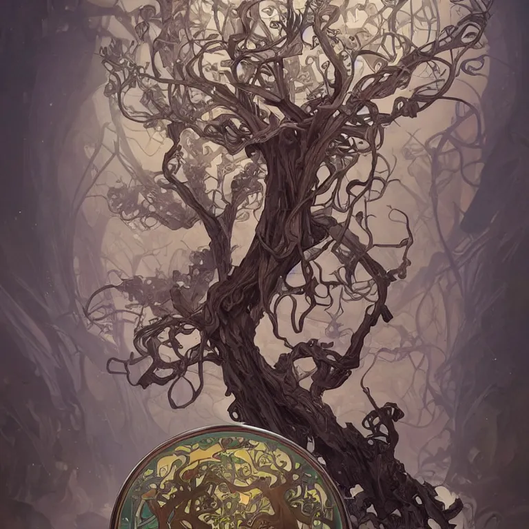 Prompt: a twisted tree of life growing from a mug of hot chocolate, concept art, by Peter Mohrbacher and Alphonse Mucha, detailed, style, 8k, trending on artstation, unreal engine 4k, detailed, clean background trending, full shot, symmetrical portrait, sophisticated, Unreal engine, dystopia, anti-utopia, post processing, psychadelic