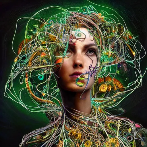 Prompt: beautifully stunning biopunk woman_integrating_with_technology_full_face_insipiring_detailed_intricate_ornate_cables_connected_to_head_big_open_electric_eyes_ the_singulairty is now rendered in unreal by android jones