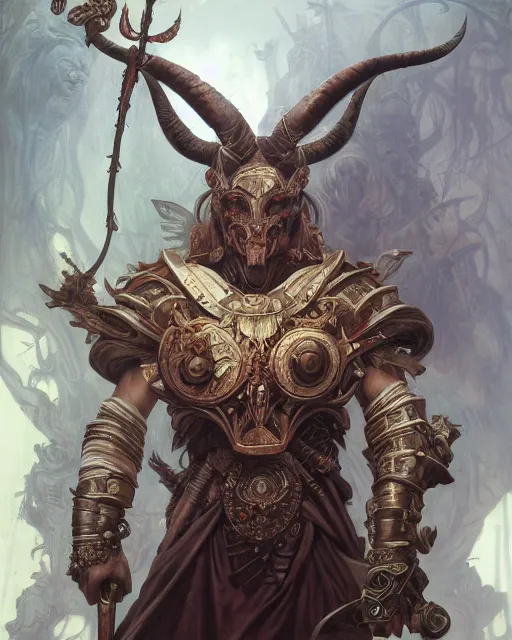 Image similar to Minotaur warrior, centered, portrait, symmetrical, Path of Exile, Diablo, Warhammer, digital painting, highly detailed, concept art, Nekro, Peter Mohrbacher, Alphonse Mucha, Brian Froud, Yoshitaka Amano, Kim Keever, Victo Ngai, James Jean