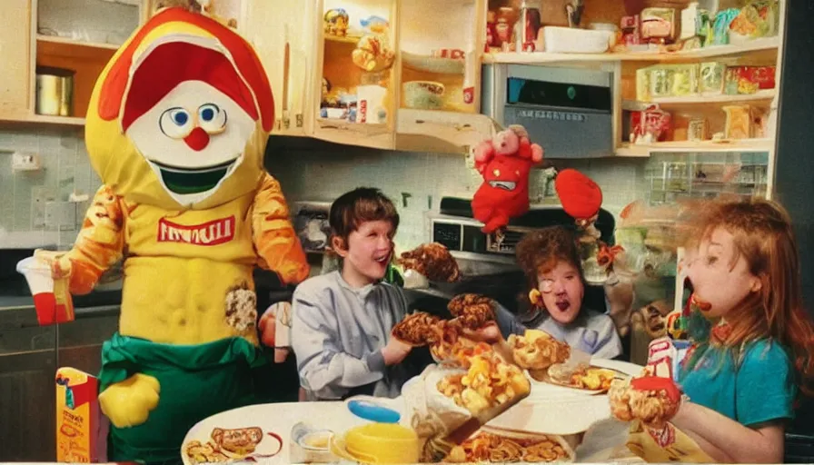Image similar to 1 9 9 0 s candid 3 5 mm photo of a beautiful day in the family kitchen, cinematic lighting, cinematic look, golden hour, an absurd costumed mascot from the strange food giant face space club show is forcing the children to eat cereal, children are eating way too much cereal, kids are sad, uhd