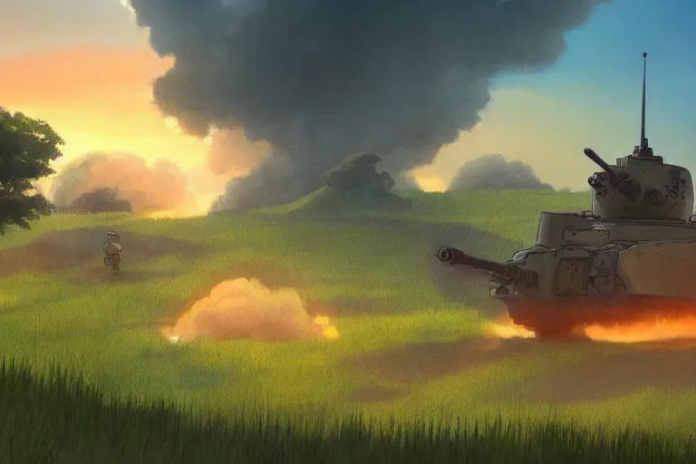 Image similar to tank firing at a building the shire at sunset in the style of ghibli, 8 k, artstation, award wining, rutkowski, shinkai