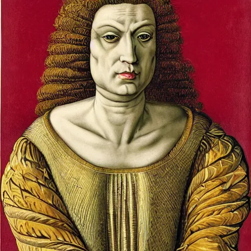 Image similar to portrait of an anthropomorphic tyrannosaurus rex, dressed as an italian queen, sandro bottecelli, 1 5 0 0