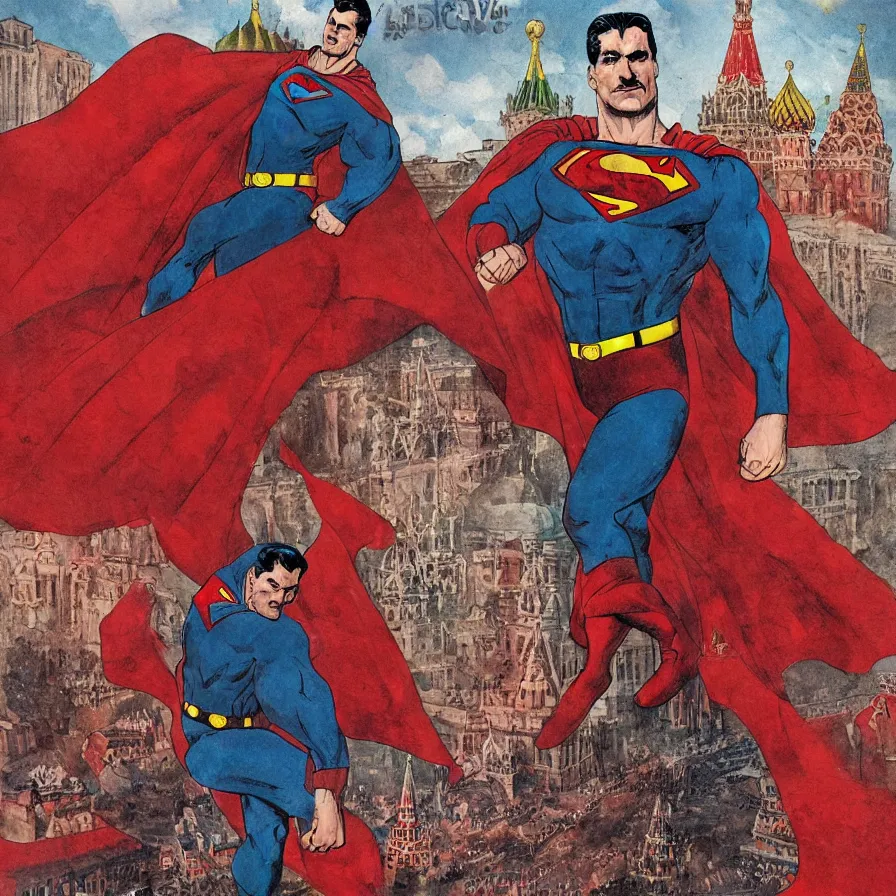 Image similar to epic comic book cover of stalin as superman floating over the red square ( moscow ), red banners, soviet nostalgia, socialist realism, aesthetically pleasing, finely detailed facial features, hyperrealist, intricate digital art, trending artstation, artgem, rich moody colors, fan art, concept art, in the style of the red son, by robert kirkman