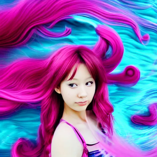 Image similar to “anime girl, flowing pink hair, extremely beautiful, swirly pink background, action shot, by Kurahana Chinatsu, trending on PixArt”