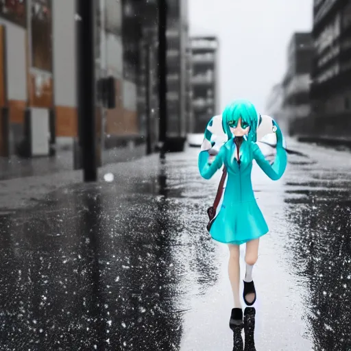 Image similar to photorealistic hatsune miku walking down a rainy street, ef 8 5 mm f 1. usm
