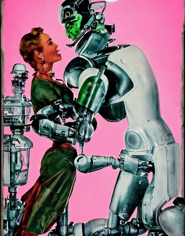 Prompt: a female housewife!!!! being hugged by a manly metal - suited!!! robot!!!!, 1 9 5 0 s horror film movie poster style, ( norman rockwell oil painting ), close - up, tight shot, retro science fiction, vintage, saturated pink and green lighting, shadowy lighting, cohesive!!, photogenic!!