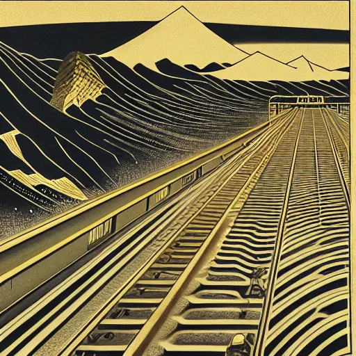 Image similar to atlas shrugged train speeding toward mountains, motion blur, art deco, jormungandr, hokusai, james gurney, on black paper with gold and chartruese link