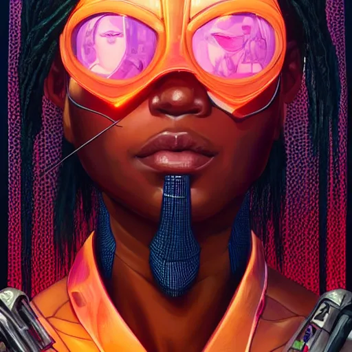 Prompt: african cyberpunk huntress, science fiction, highly detailed, digital painting, beautiful eyes, symmetry, concept art, sharp focus, illustration, global illumination, radiant light, synthwave colors, detailed and intricate environment, art by artgerm and greg rutkowski and magali villeneuve and ilya kuvshinov!