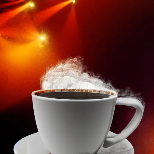 Prompt: a cracked mug of coffee with a led zepplin concert happening on the rim, macro, stage fog, steam, stage lighting