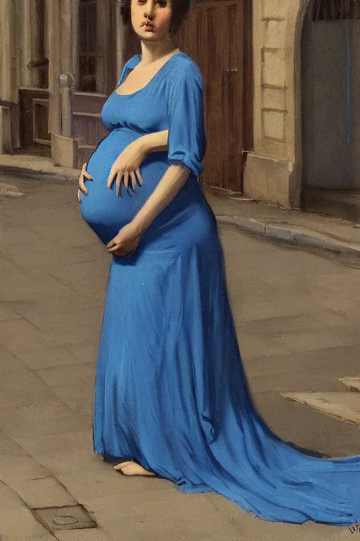 Prompt: pregnant woman in a small blue dress on night street, highly detailed, sharp focused, ultra realistic digital concept art by Edwin Longsden Long