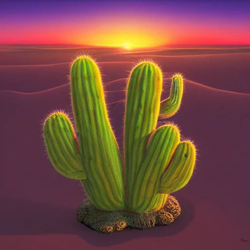 Image similar to a cactus made of translucent liquid in a desert sunset, by vladimir kush, by roger dean, 4k resolution, detailed and intricate, recursive, volumetric lighting, sunset desert color scheme, rendered in redshift, realistic shadows, -20 W 854