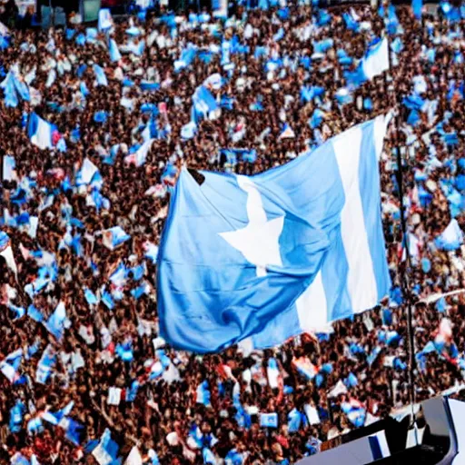 Image similar to Lady Gaga as president, Argentina presidential rally, Argentine flags behind, bokeh, giving a speech, detailed face, Argentina