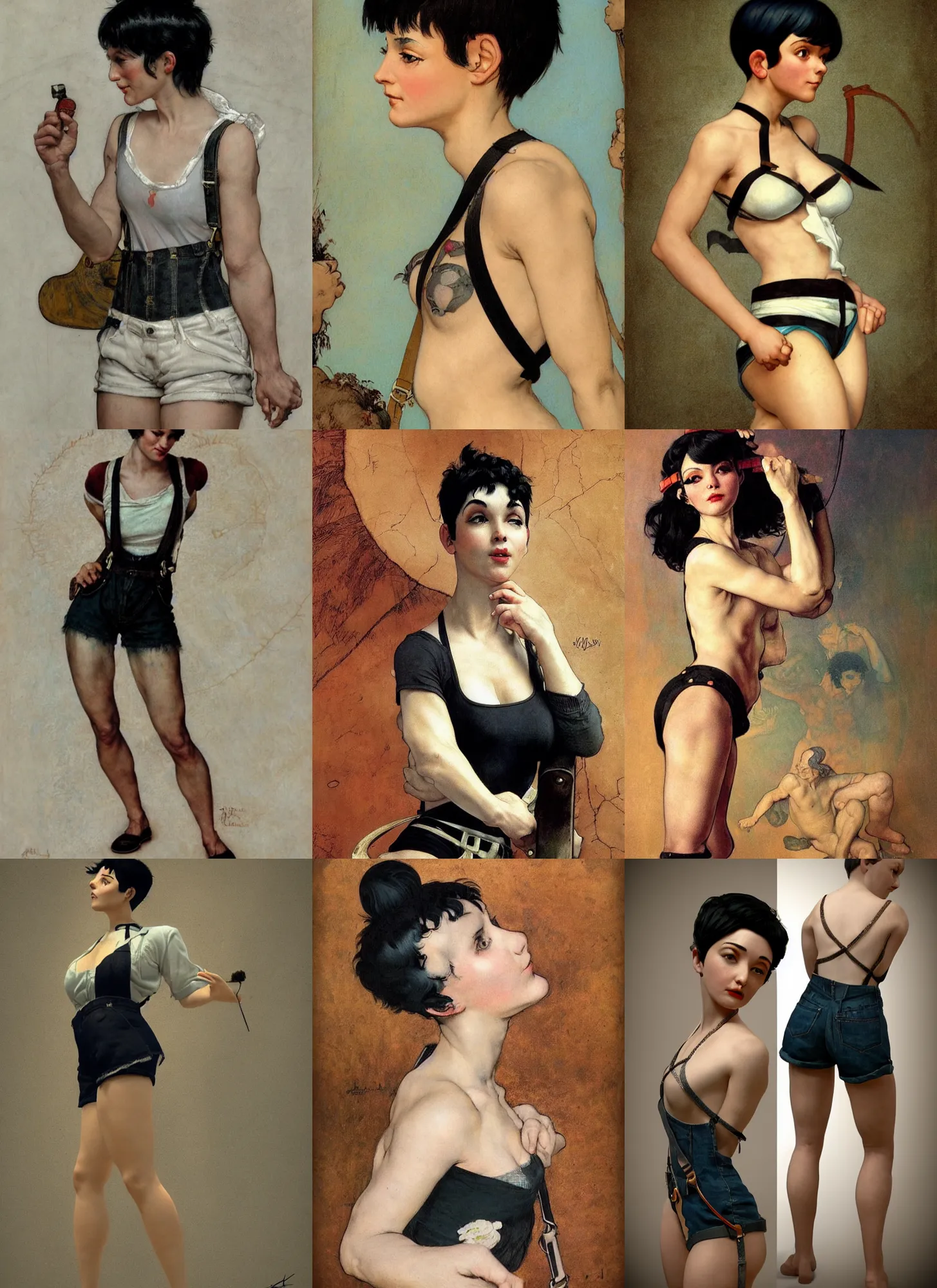 Prompt: a woman with black hair pixie cut in shorts with suspenders drawn by Michelangelo, norman rockwell, frank frazetta, peter paul rubens, alphonse mucha, gustav klimt 4k, unreal 5, DAZ, french noveau, trending on artstation, octane render, hyperrealistic