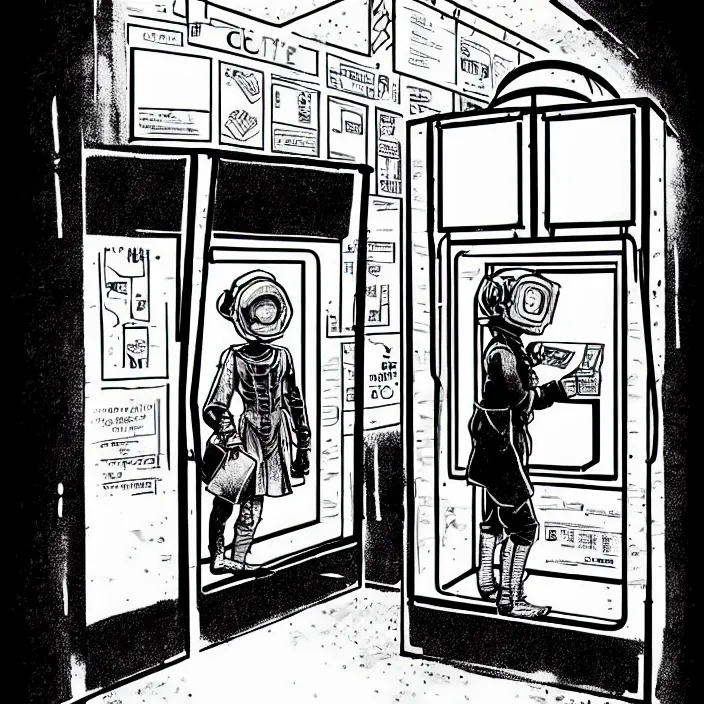 Image similar to sadie sink as a miner inside a minimalist steampunk automated kiosk booth considers food options to choose from. small room. wide angle lens. black and white, pencil and ink. scifi cyberpunk. by gabriel hardman, joe alves, chris bonura. cinematic atmosphere, detailed and intricate, perfect anatomy