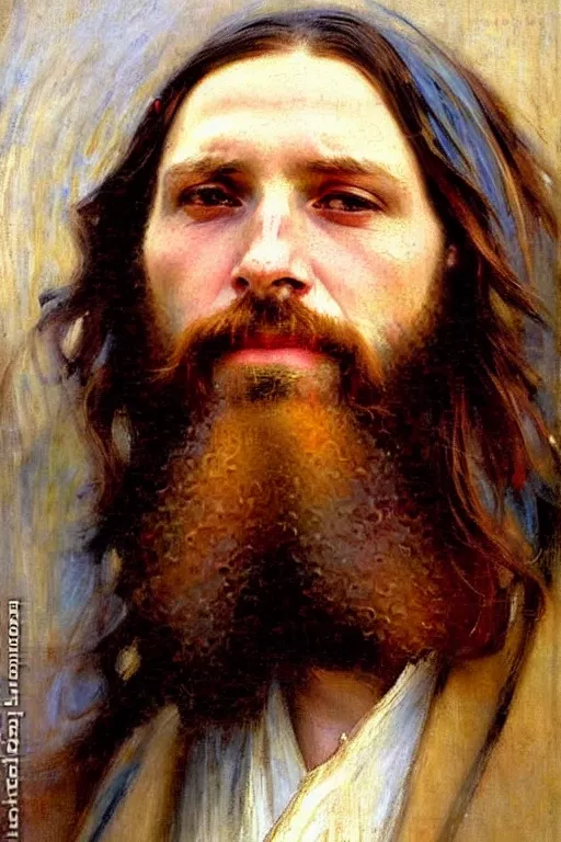 Image similar to impressionist brushstrokes!!!!!!!!! solomon joseph solomon and richard schmid and jeremy lipking victorian loose genre loose painting full length portrait painting of jesus with a slight smile happy inviting