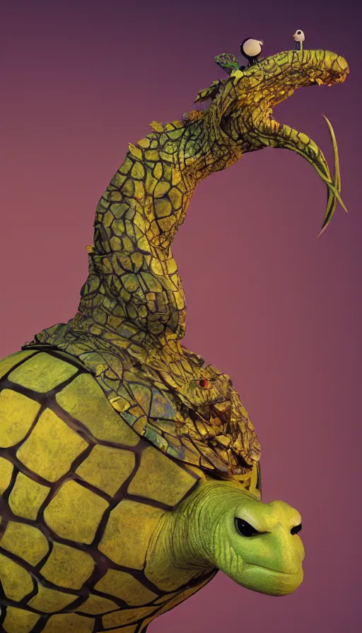 Prompt: a smartly dressed strange bird turtle giraffe chimera creature with scales feathers fins tusks on a lush fertile alien planet, in the style of shaun tan, sam shearon, dr seuss, leng jun, max ernst, surreal, close up, fantastic, wonderful, science fiction, dramatic studio lighting, atmospheric, national geographic, 3 d sculpture 8 k octane render