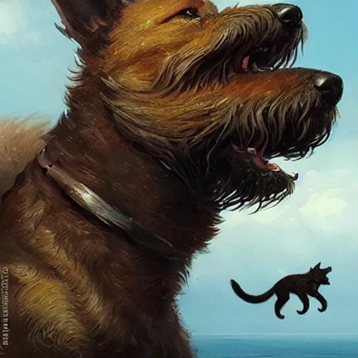 Image similar to the side view of the head of a dog, a little terrier, looking up a huge dragon flying overhead, beautiful fantasy painting by greg rutkowski