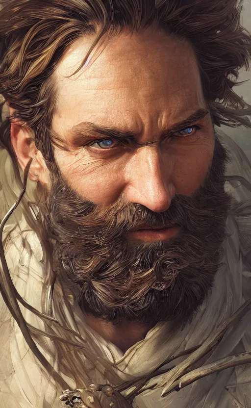 Prompt: close up portrait painting of a bearded hunter, ultra realistic, concept art, intricate details, serious, highly detailed, photorealistic, octane render, 8 k, unreal engine. art by artgerm and greg rutkowski and alphonse mucha