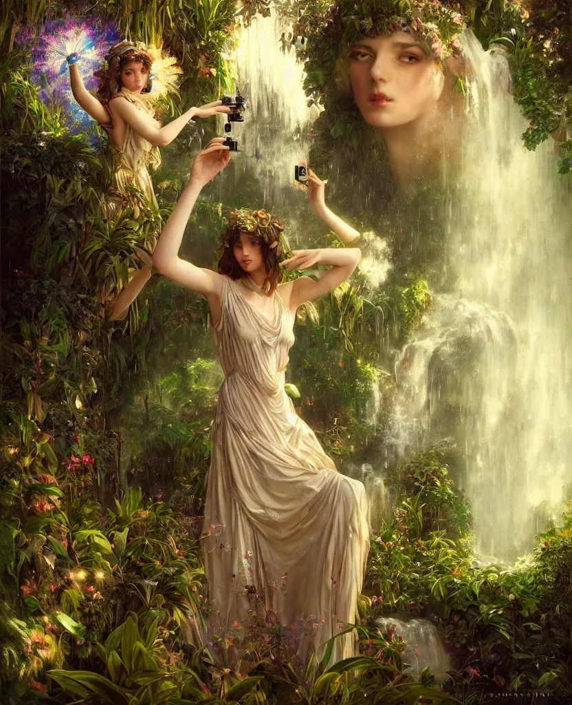 Image similar to hyper realistic photographer looking through a vintage medium format camera, magic pouring from lens, fantasy castle, full body waterfall dress, design on white background, beautiful details, lush foliage cyberpunk, gold, drawn by john singer sargent, tom bagshaw, norman rockwell, alphonso mucha, lolish, trending on artstation