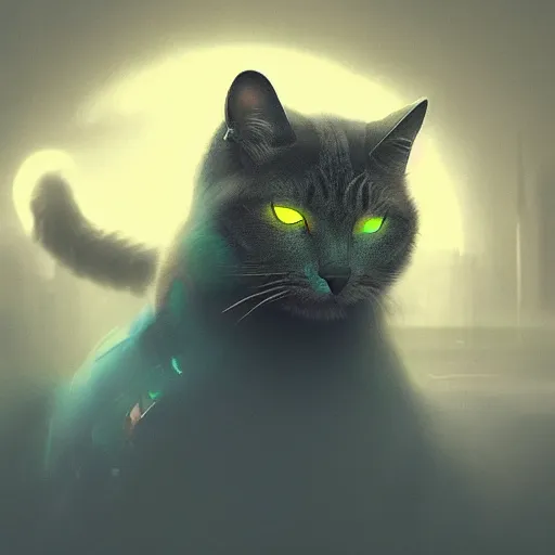 Image similar to moody atmospheric render of a cyborg cat with a chartreuse and teal color scheme by leon tukker