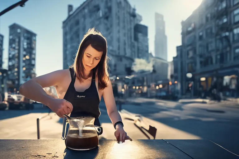 Prompt: hyperrealistic portrait of stunningly beautiful female nordic barista, brewing a V60 coffee outdoor, lit by dawn light, busy city on background, trending on artstation,ultrawide angle, f8 , polarizer , unreal engine
