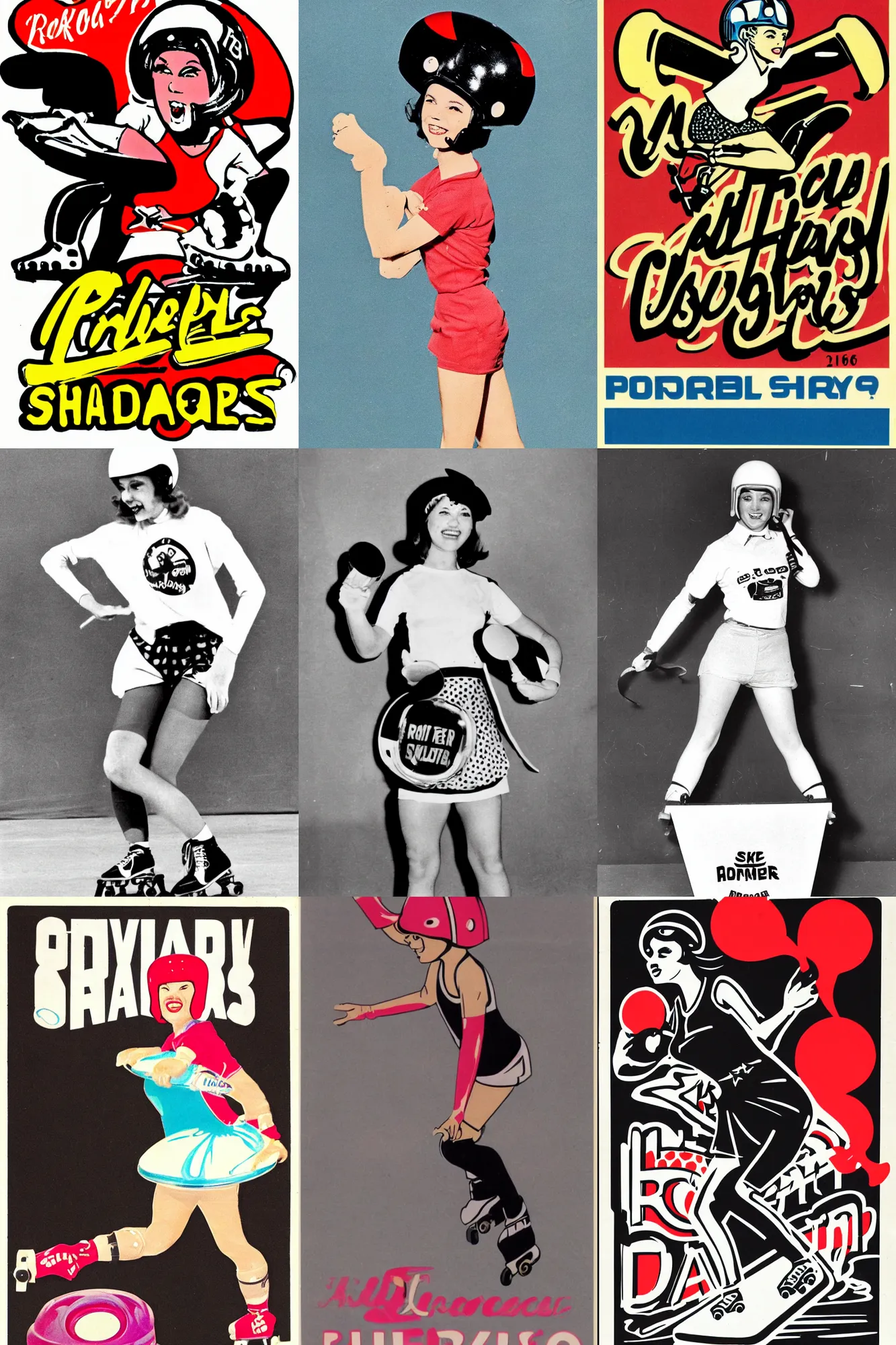 Prompt: advert logo, pretty roller derby girl skating, wearing roller derby helmet, 1960s, carrying a tray, svg sharp